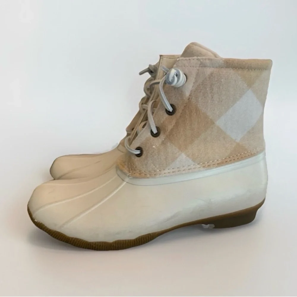 Sperry Women’s Duck Rain Boots Shoes Sz 8 Cream & Tan Saltwater Buffalo Check